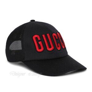 NEW GUCCI Embroidered Logo Baseball Cap Hat Black Red Size S / 57 cm Authentic